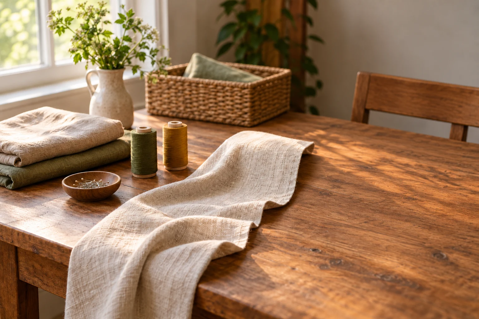 Symbolic image: fabrics and thread on a sunlit worktable
