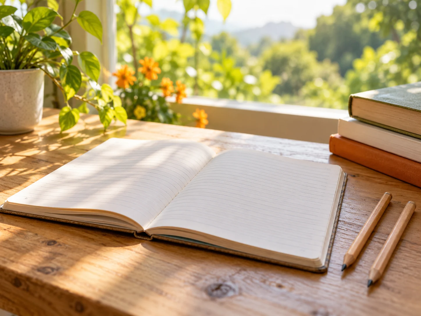 Generated symbolic image: books and an open notebook in morning light