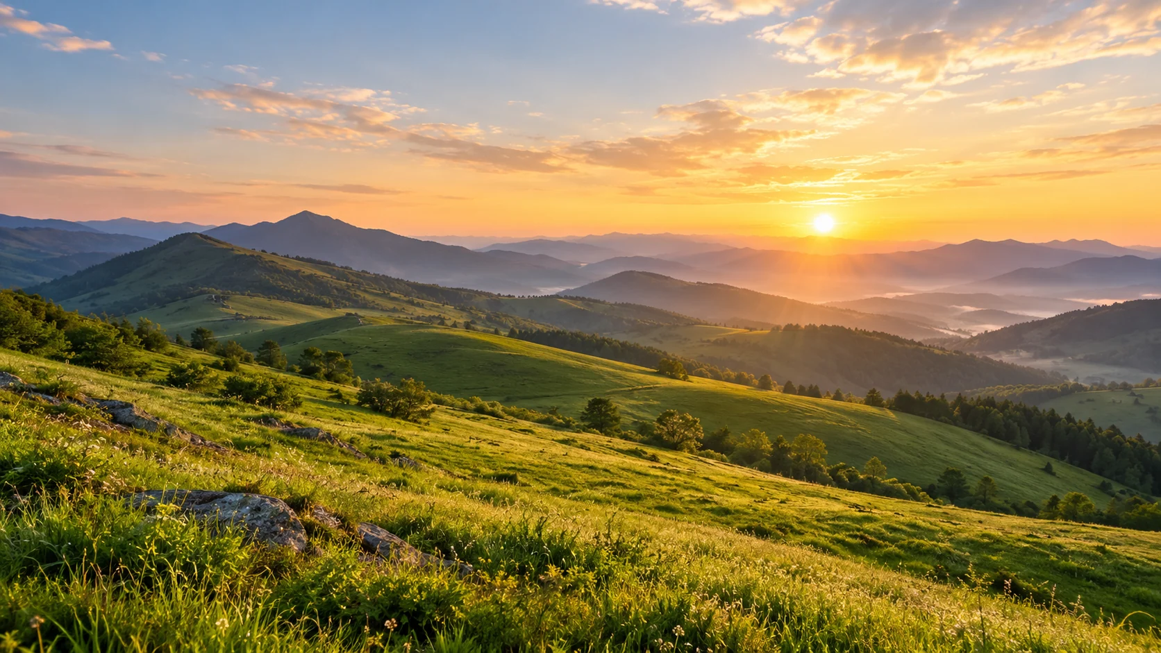 Generiertes Symbolbild: grüne Hügellandschaft im warmen Morgenlicht