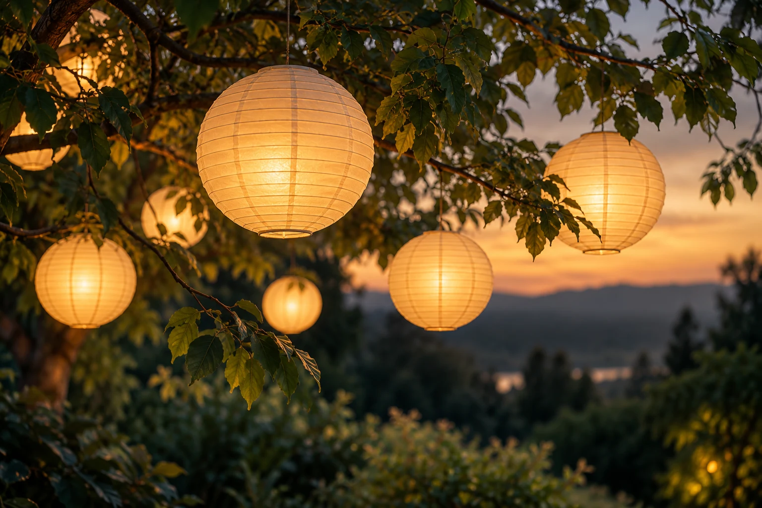 Generated symbolic image: Warm paper lanterns among green branches