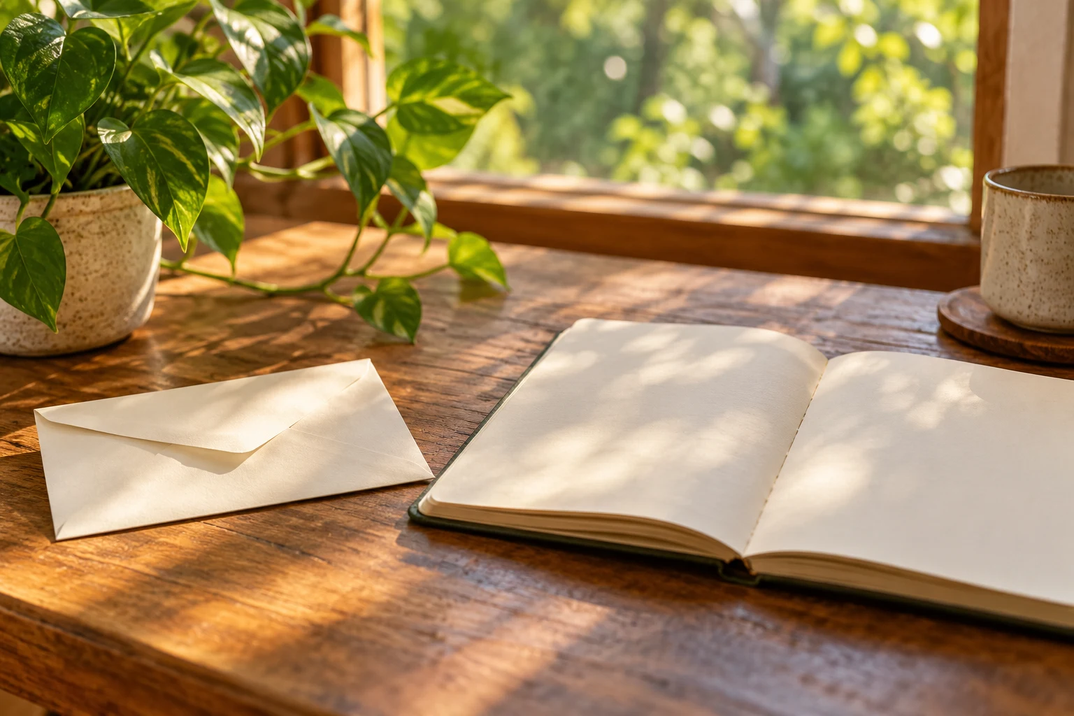 Generated symbolic image: Envelope and notebook beside a sunlit window