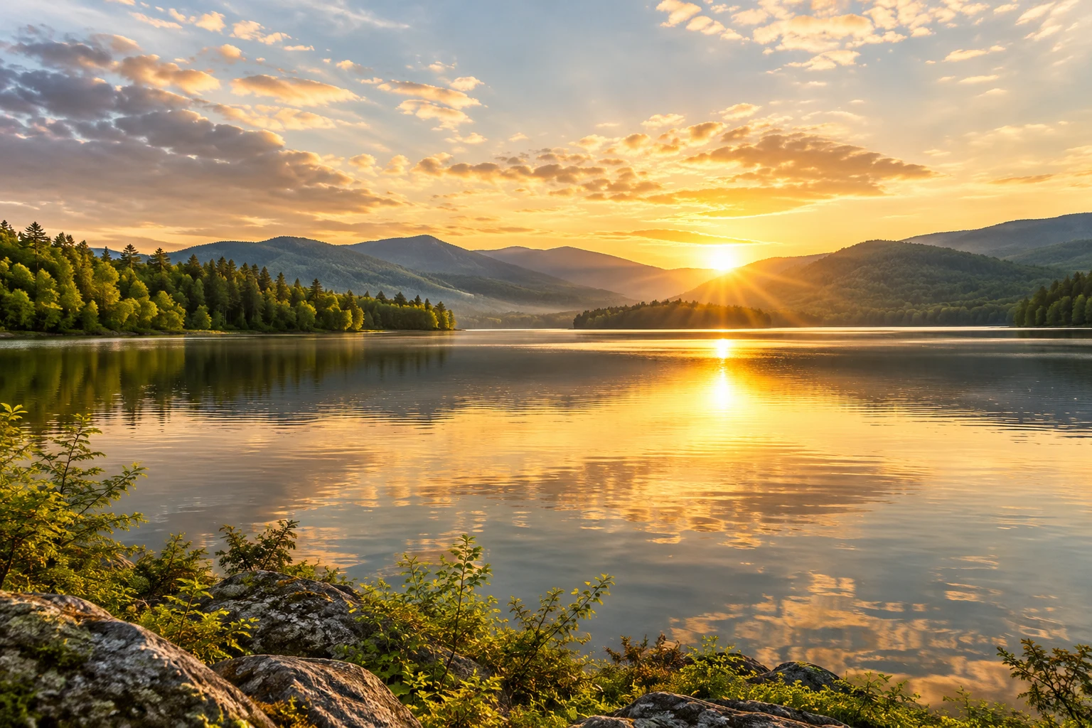 Generiertes Symbolbild: Ein ruhiger See im goldenen Morgenlicht